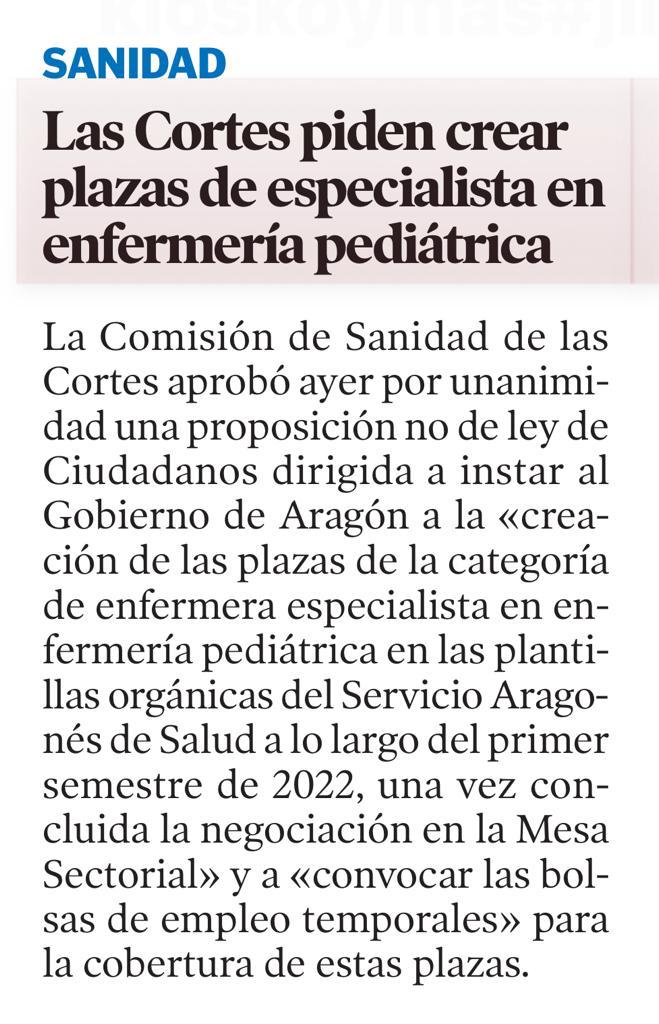 Las Cortes de Aragón apoyan la propuesta de Ciudadanos para crear plazas de enfermería pediátrica