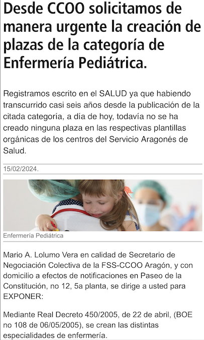 CCOO solicita de manera urgente la creación de plazas de la categoría de Enfermería Pediátrica.