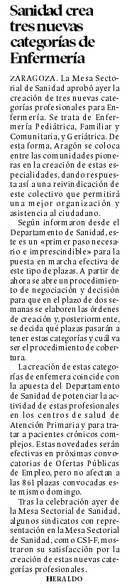 Aprobada la creación de la categoría de Enfermería Pediátrica en Aragón
