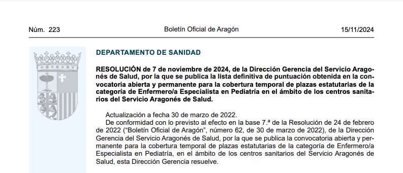 Publicado en BOA el listado definitivo de la bolsa de Enfermero/a Especialista en Pediatría