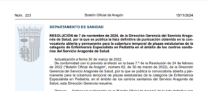 Publicado en BOA el listado definitivo de la bolsa de Enfermero/a Especialista en Pediatría