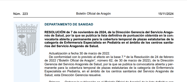 Publicado en BOA el listado definitivo de la bolsa de Enfermero/a Especialista en Pediatría
