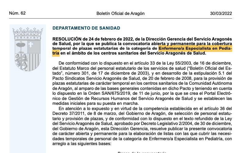 Se crea la bolsa de Enfermero/a Especialista en Pediatría en Aragón