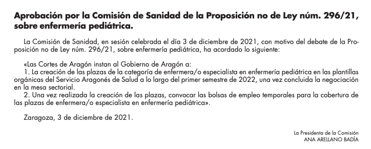 Publicados los acuerdos de la Proposición no de Ley núm 296/21, sobre enfermería pediátrica